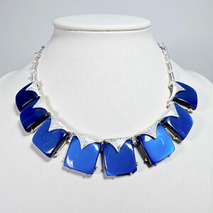 Retro Vintage Signed Coro Pegusus Blue Thermoset and Silver Statement Necklace.